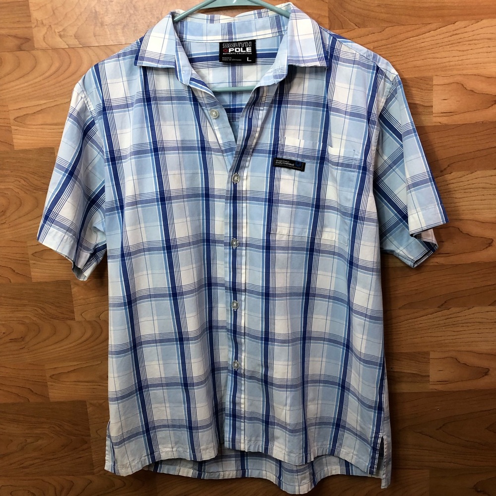 South Pole Large Plaid Blue & White Short Sleeve Buttonup Shirt